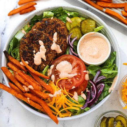 Black Bean and Sweet Potato Veggie Burger Bowls | www.floatingkitchen.net