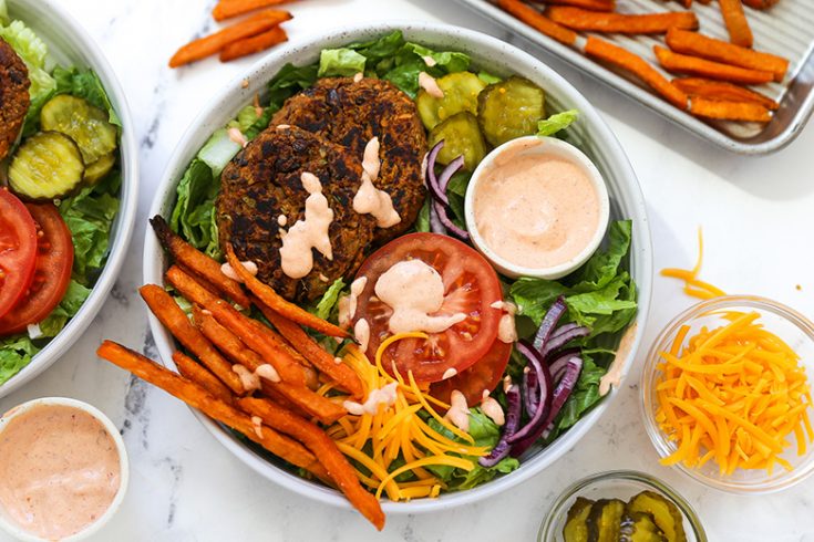 Black Bean and Sweet Potato Veggie Burger Bowls