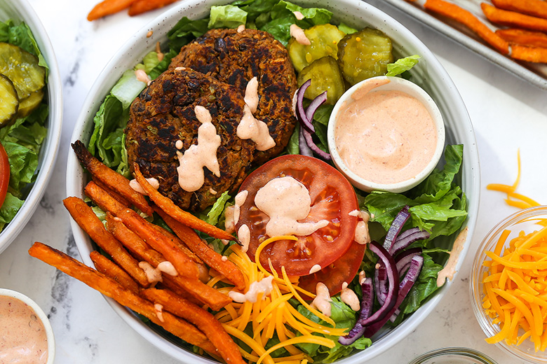 Black Bean and Sweet Potato Veggie Burger Bowls | www.floatingkitchen.net