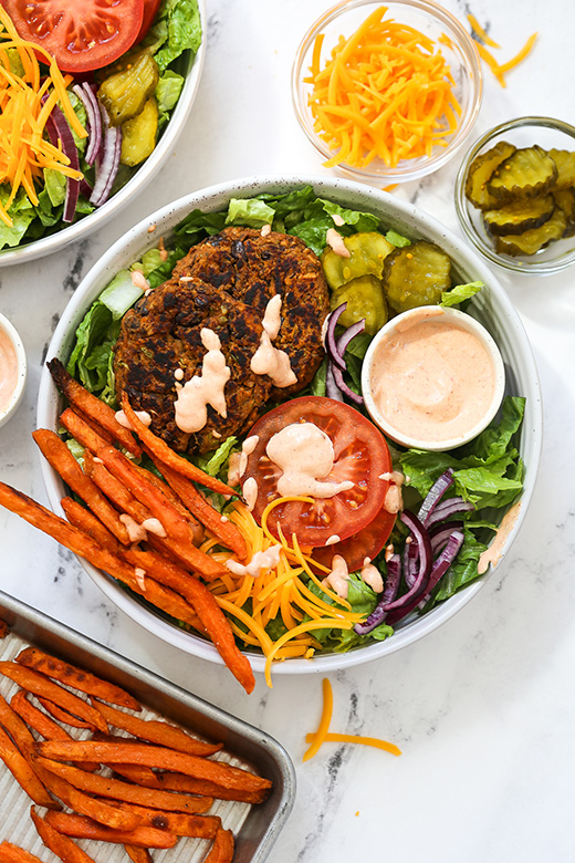 Black Bean and Sweet Potato Veggie Burger Bowls | www.floatingkitchen.net