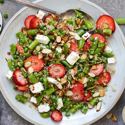 Snap Pea and Strawberry Salad with Quinoa, Almonds, Feta and Tarragon Dressing | www.floatingkitchen.net