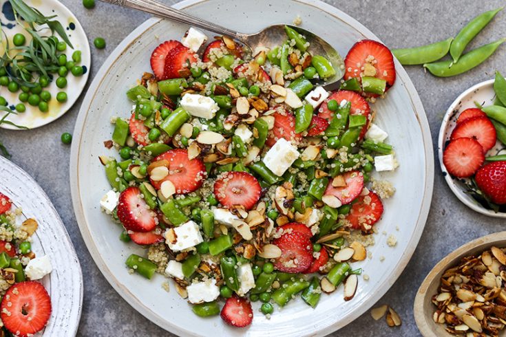 Snap Pea and Strawberry Salad with Quinoa, Almonds, Feta and Tarragon Dressing