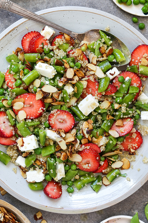 Snap Pea and Strawberry Salad with Quinoa, Almonds, Feta and Tarragon Dressing | www.floatingkitchen.net