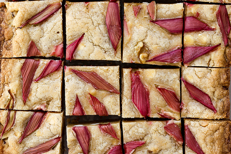 Rhubarb and White Chocolate Blondies with Walnuts | www.floatingkitchen.net